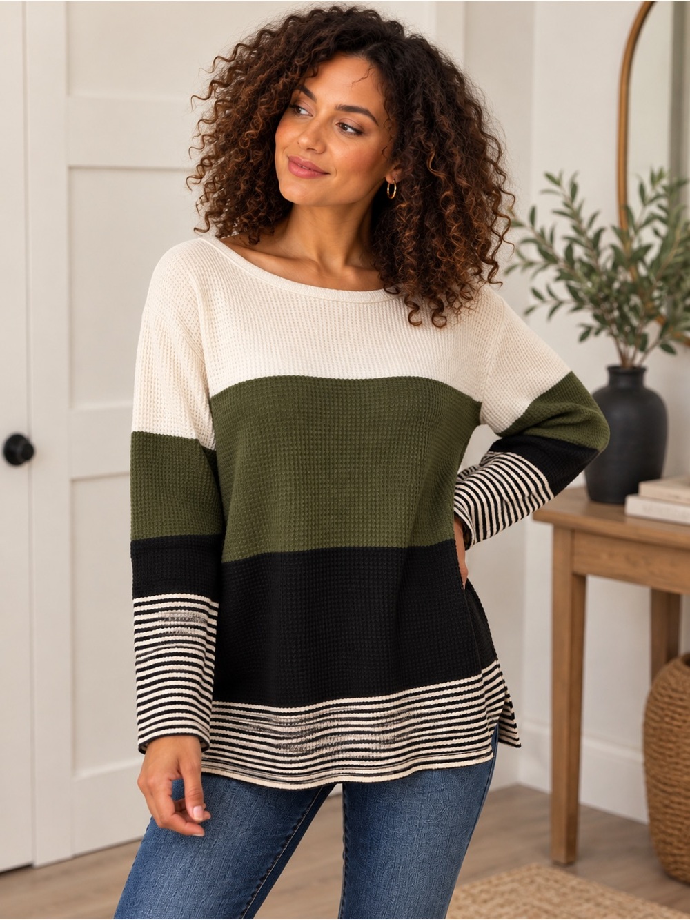 SHEIN Olive, Black & Cream Colorblock Waffle Knit Pullover